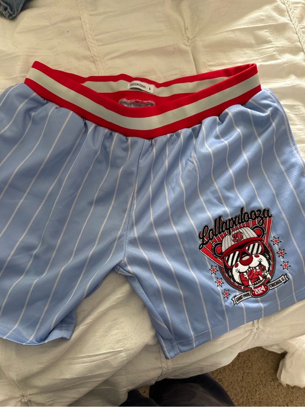 Lollapalooza Pinstripe Athletic Shorts with Red Accent Waistband